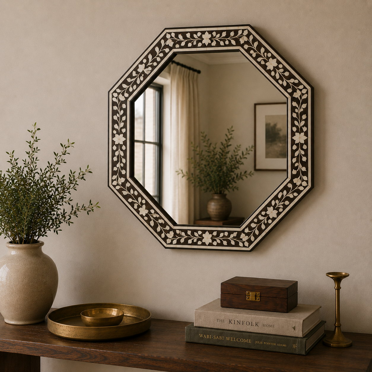 Bone-Inlay Mirror — Octagonal