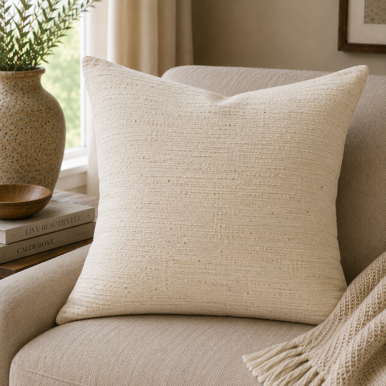 Hand-Loomed Cotton Cushion — Cream