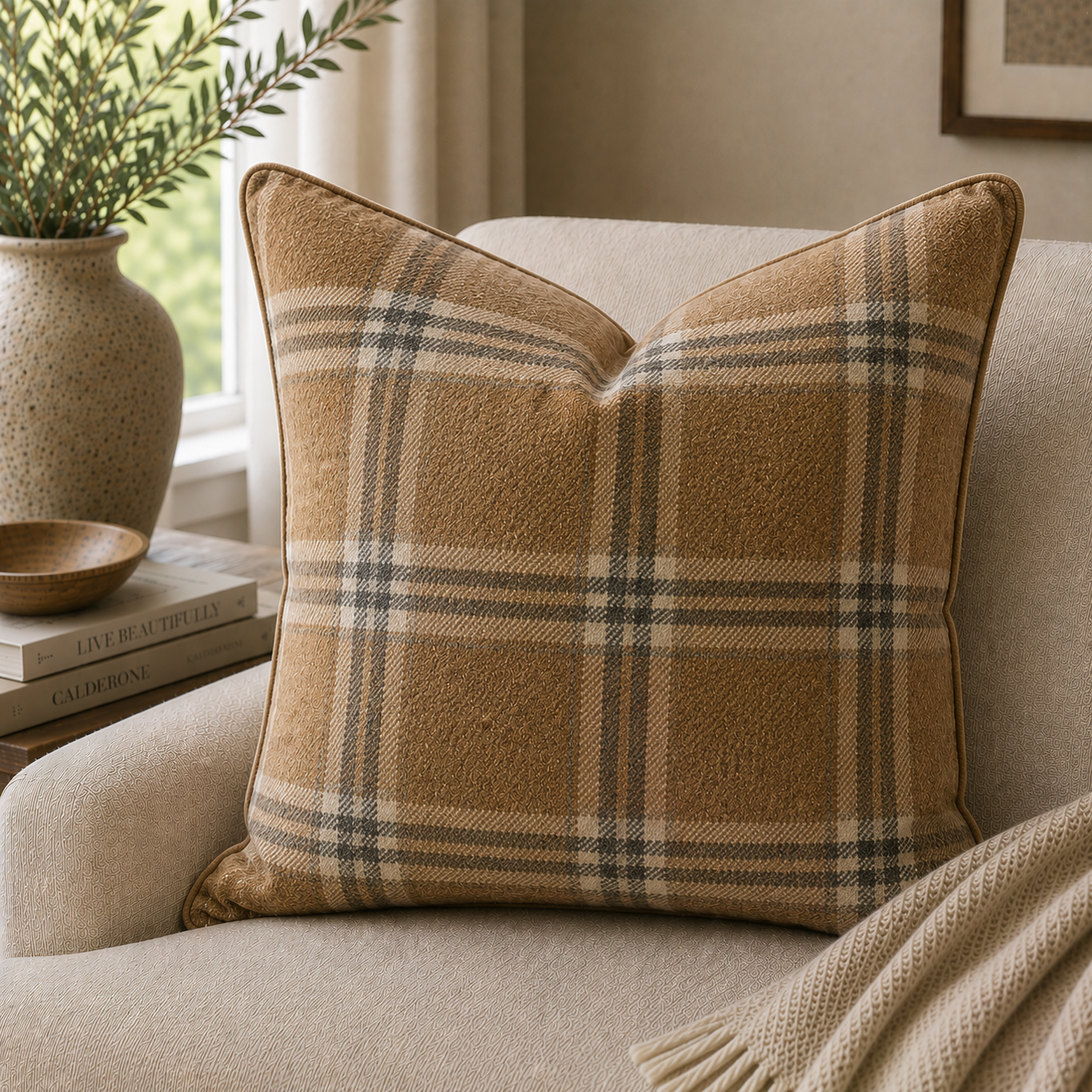 Plaid Cushion — Camel