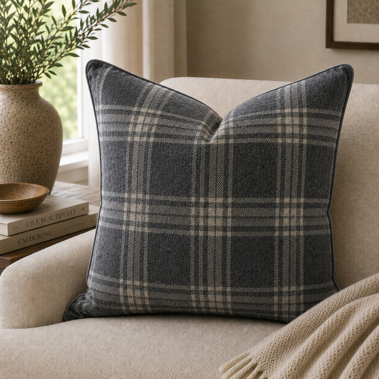 Plaid Cushion — Slate