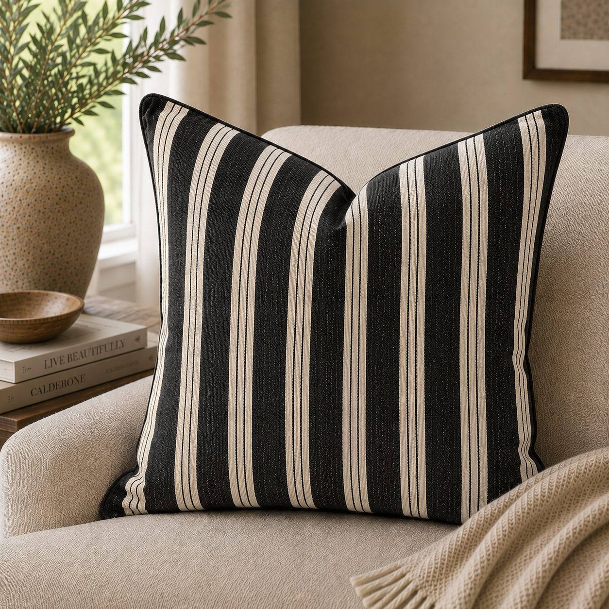 Striped Cushion — Black & Cream