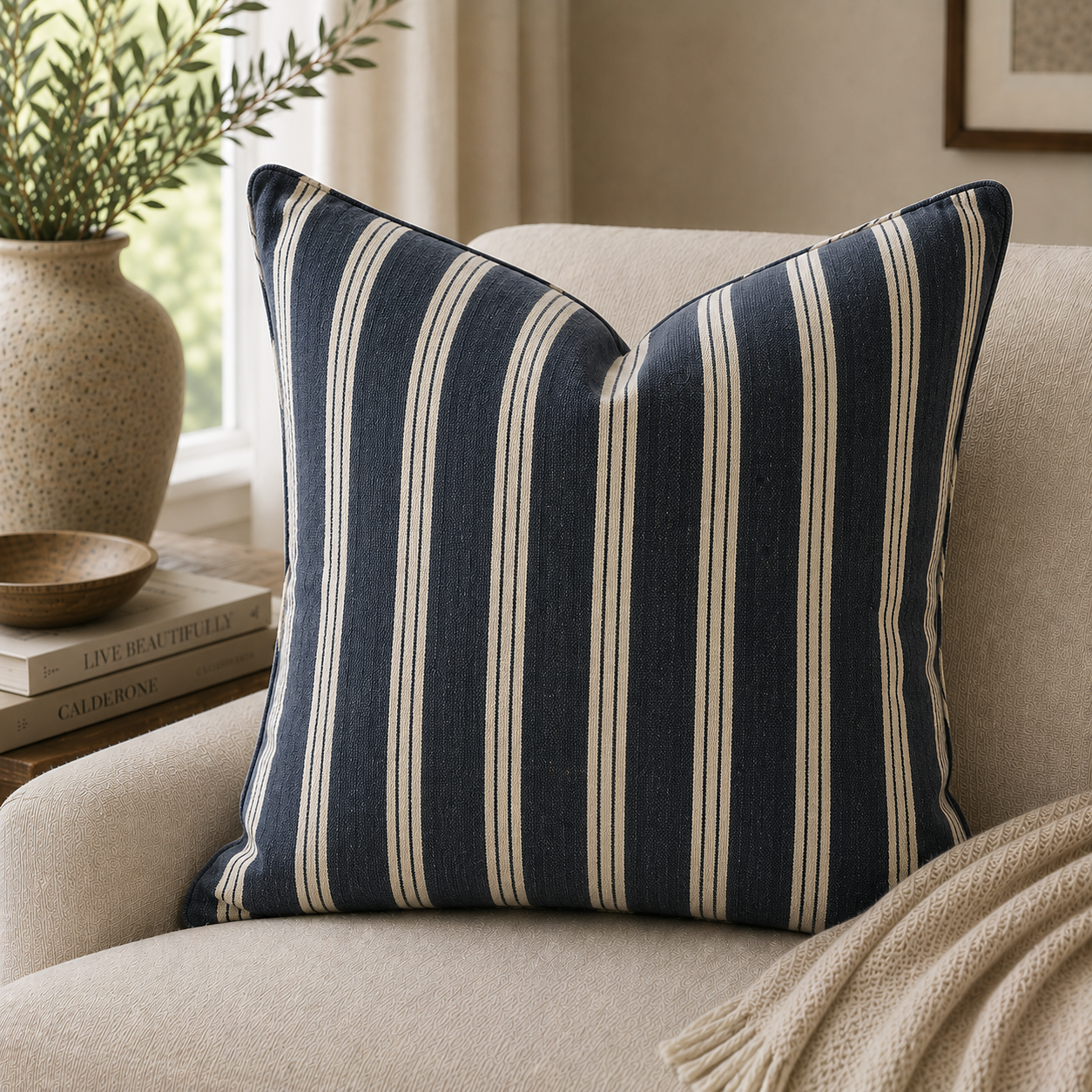 Striped Cushion — Indigo & Cream